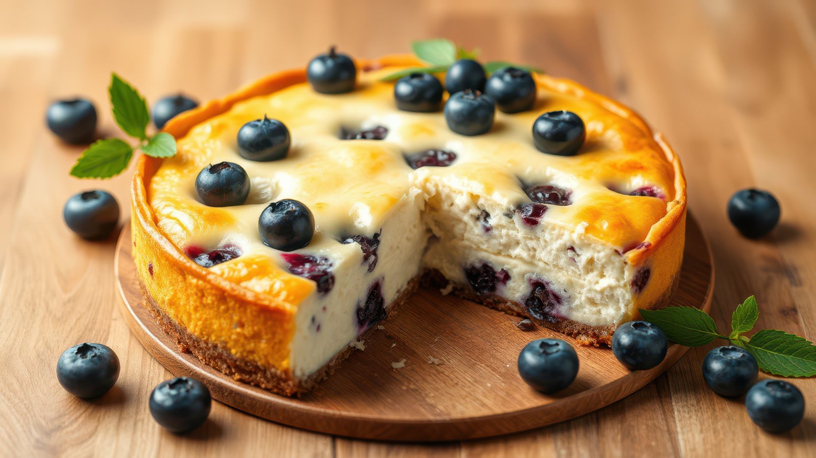 Delicious cheesecake topped with blueberries on a wooden table during a sunny afternoon